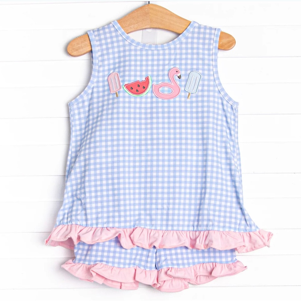 COPY - Stitch Fish Pool Day Picks Applique Ruffle Short Set 3T